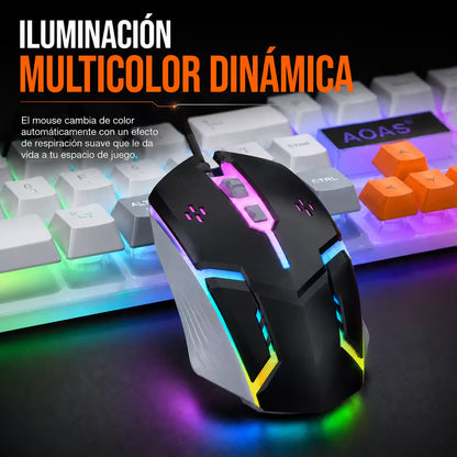 Combo Teclado y Mouse Gamer RGB AOAS A-1020 Blanco USB – 104 Teclas con Ñ | DPI 800/1200/1600