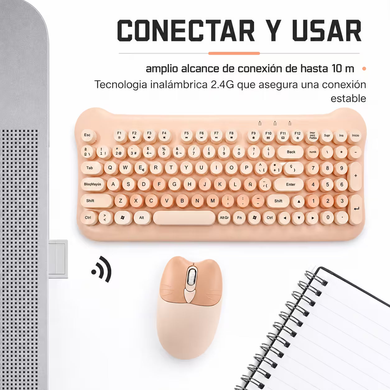 Combo Teclado y Mouse Inalámbrico Ergonómico AOAS AS-212 Nude Pastel – 84 Teclas | DPI Ajustable | 2.4G | Para Ellas