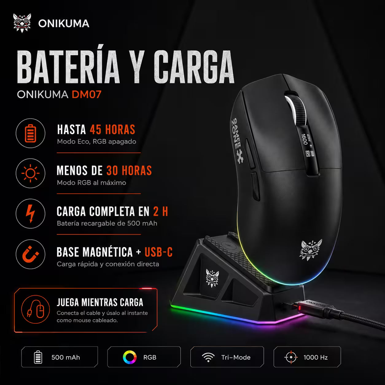 Mouse Gamer Inalámbrico Recargable ONIKUMA DM07 RGB 24000 DPI 1000Hz con Base de Carga