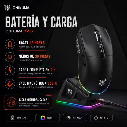Mouse Gamer Inalámbrico Recargable ONIKUMA DM07 RGB 24000 DPI 1000Hz con Base de Carga