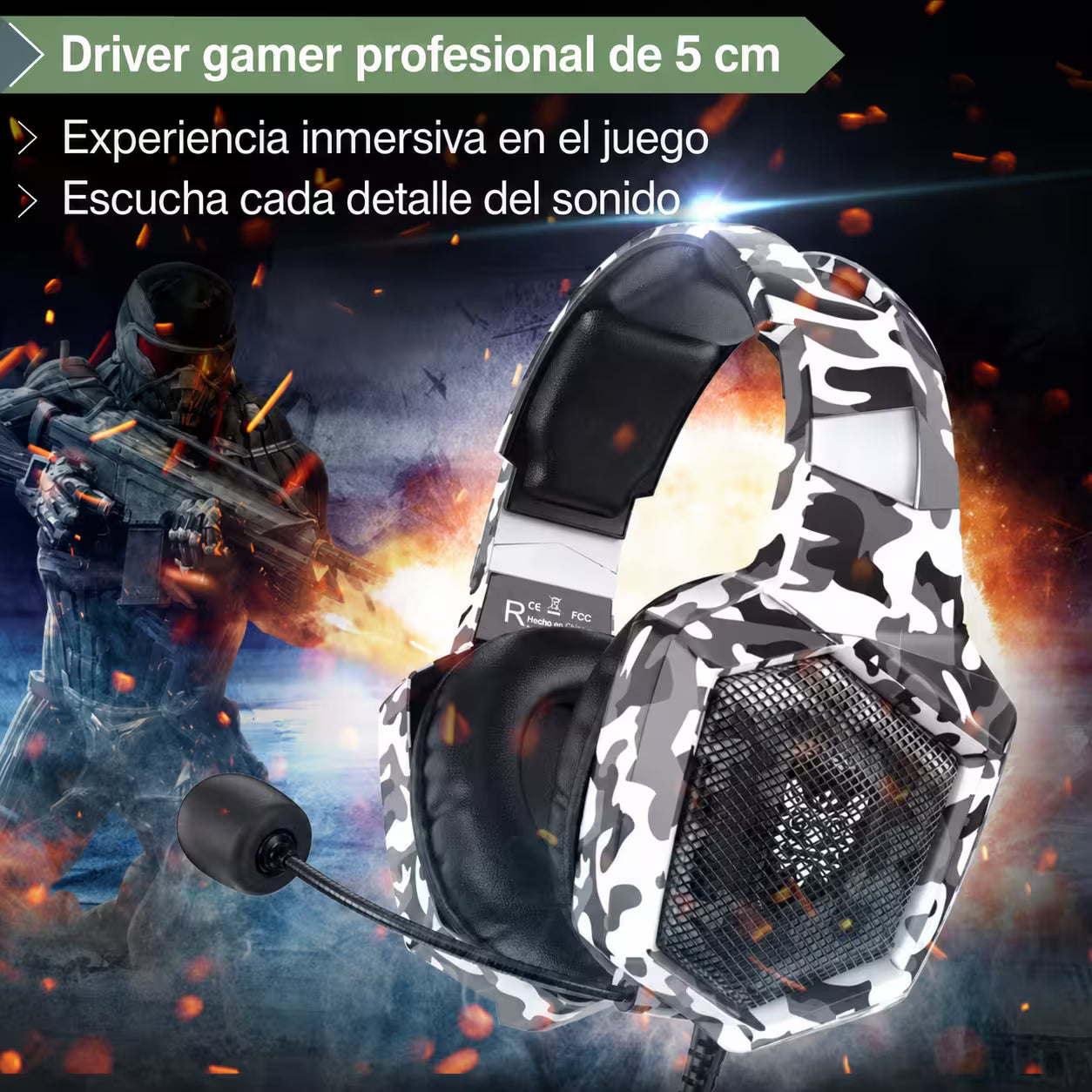 Diadema Gamer ONIKUMA K8 LED RGB Blanca Camuflada - Micró... - vista 3 diadema gamer audífonos