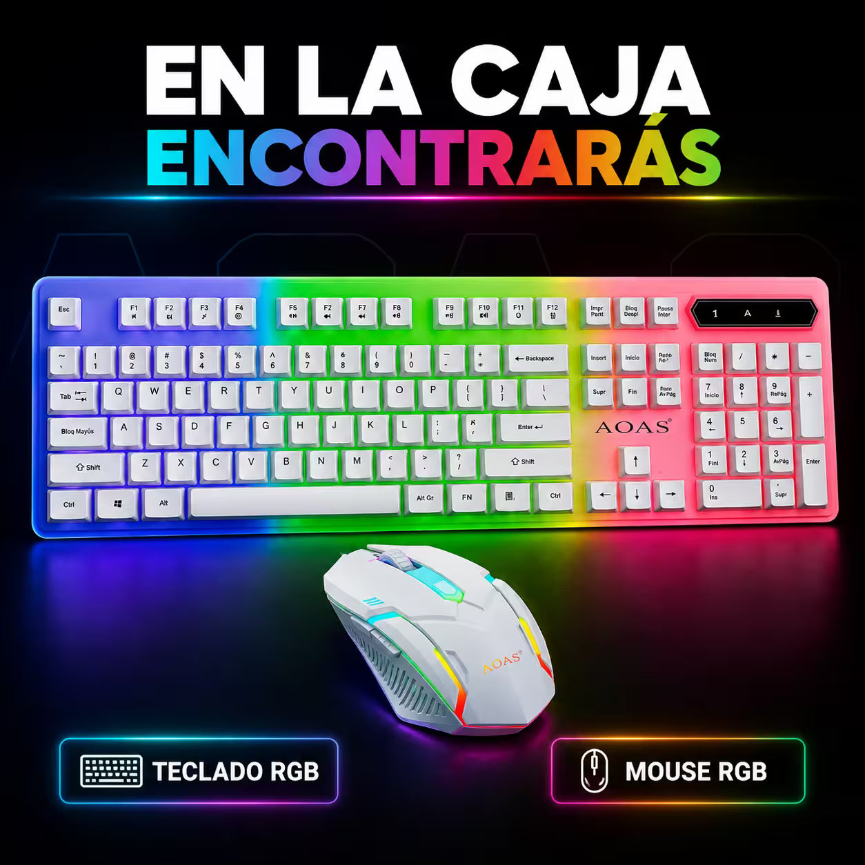 Combo Teclado y Mouse Gamer AOAS M-400 - Blanco | 104 Teclas RGB 1600 DPI USB