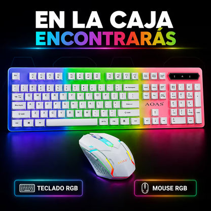 Combo Teclado y Mouse Gamer AOAS M-400 - Blanco | 104 Teclas RGB 1600 DPI USB