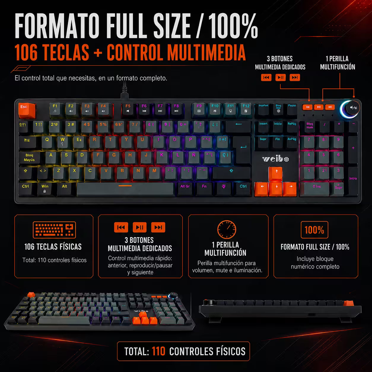 Teclado Mecánico con Cable WB-555 Gris – Switch Rojo | RGB 9 Efectos | 106 Teclas con Ñ | Anti-Ghosting | Perilla Volumen