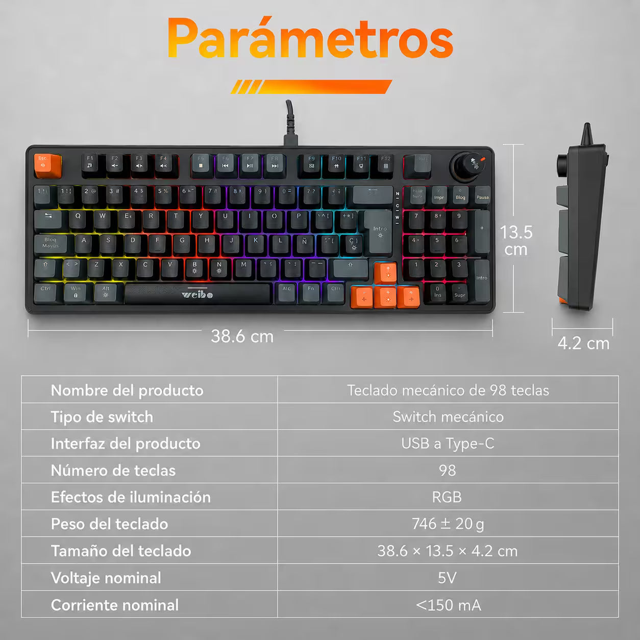 Teclado Mecánico Weibo WB-666 Negro – Switches Red | 97 Teclas | Iluminación Dinámica | Cable
