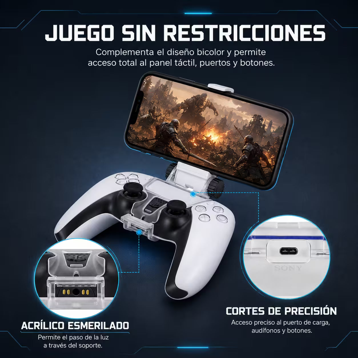 Pinza Soporte Smartphone DOBE PS5 DualSense - Clip Teléfono Móvil Hasta 8" Gaming