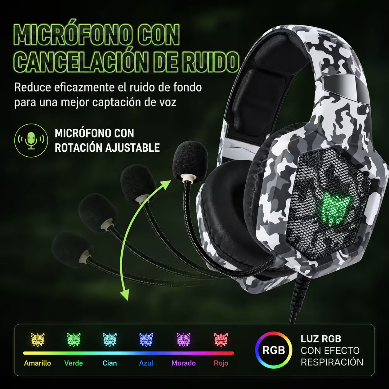 Diadema Gamer ONIKUMA K8 LED RGB Blanca Camuflada - Micró... - vista 13 diadema gamer audífonos