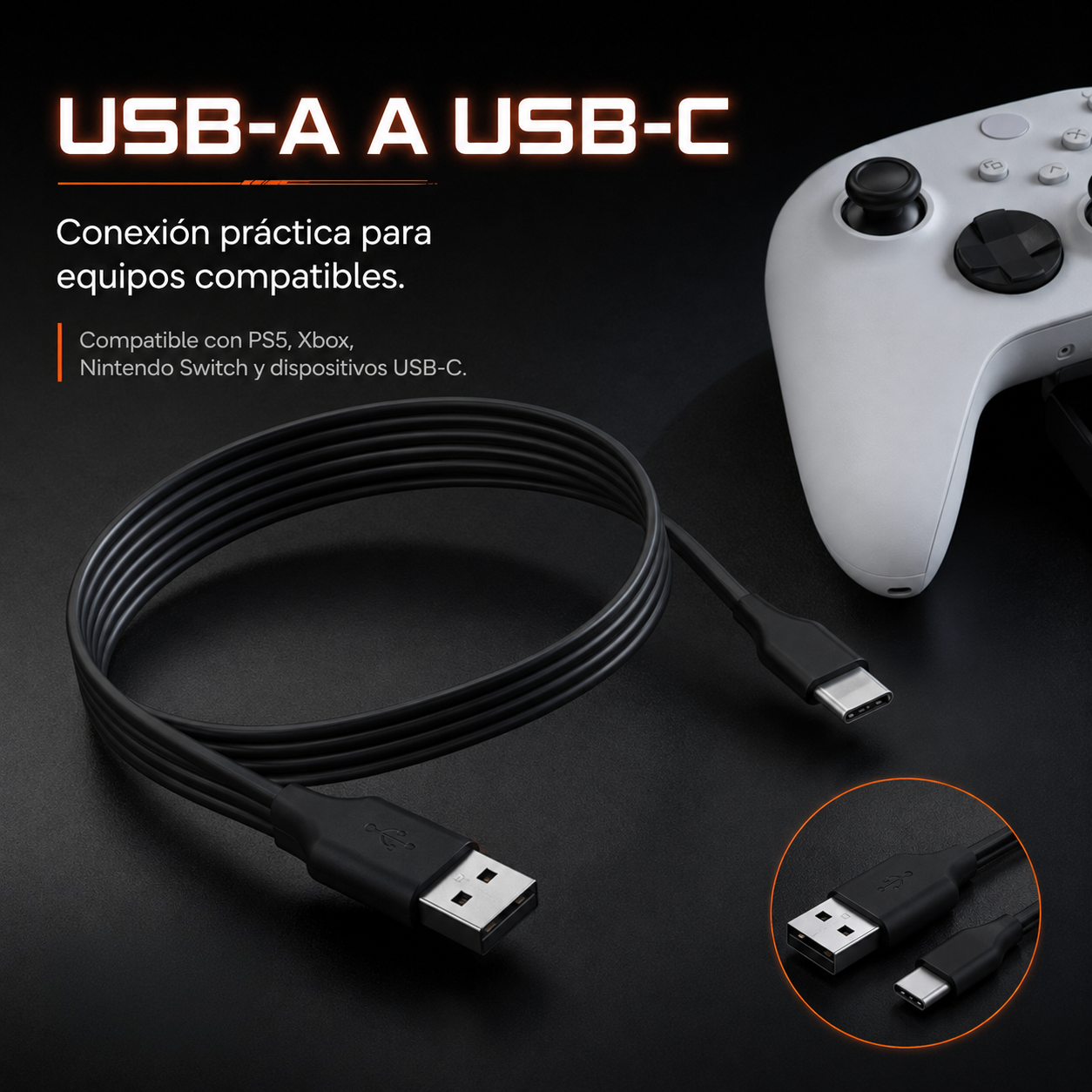 Cable USB-A a USB-C DOBE 2m – Carga + Datos | PS5 | Xbox Series X/S | Nintendo Switch | Móviles