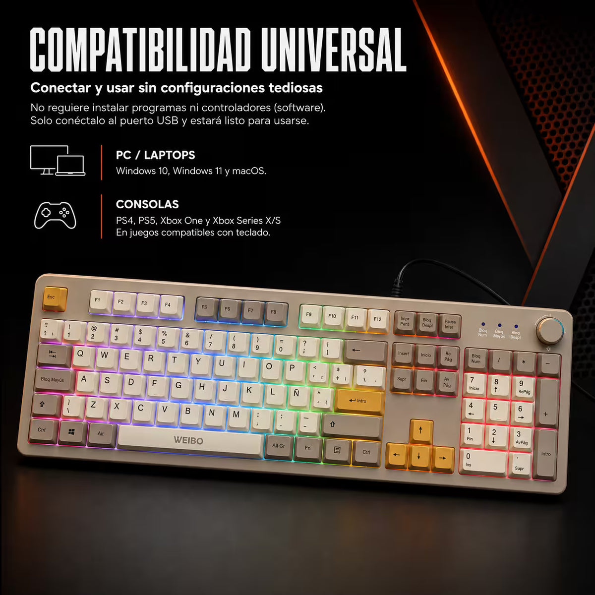Teclado Gamer de Membrana Weibo WB-222 Retro - Teclas Redondas RGB Multicolor | Perilla Encoder | Cable USB