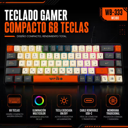 Teclado Membrana Compacto Weibo WB-333 – 68 Teclas | 18 Modos Luz Multicolor | USB-C Desmontable | Español con Ñ