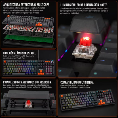 Teclado Mecánico con Cable WB-555 Gris – Switch Rojo | RGB 9 Efectos | 106 Teclas con Ñ | Anti-Ghosting | Perilla Volumen