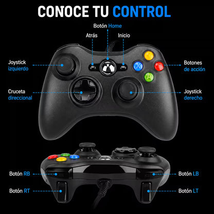 Control Genérico con Cable para Xbox 360 y PC - Vibración Dual USB 1.5m | Ergonómico Windows