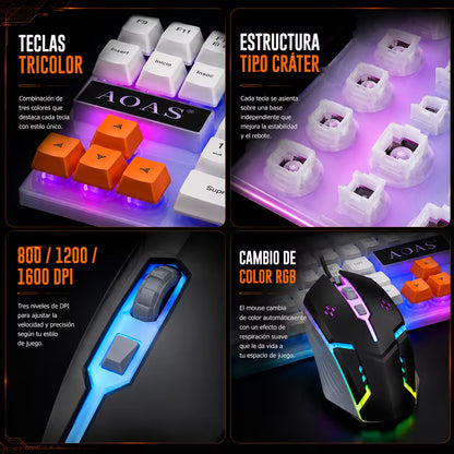 Combo Teclado y Mouse Gamer RGB AOAS A-1020 Blanco USB – 104 Teclas con Ñ | DPI 800/1200/1600