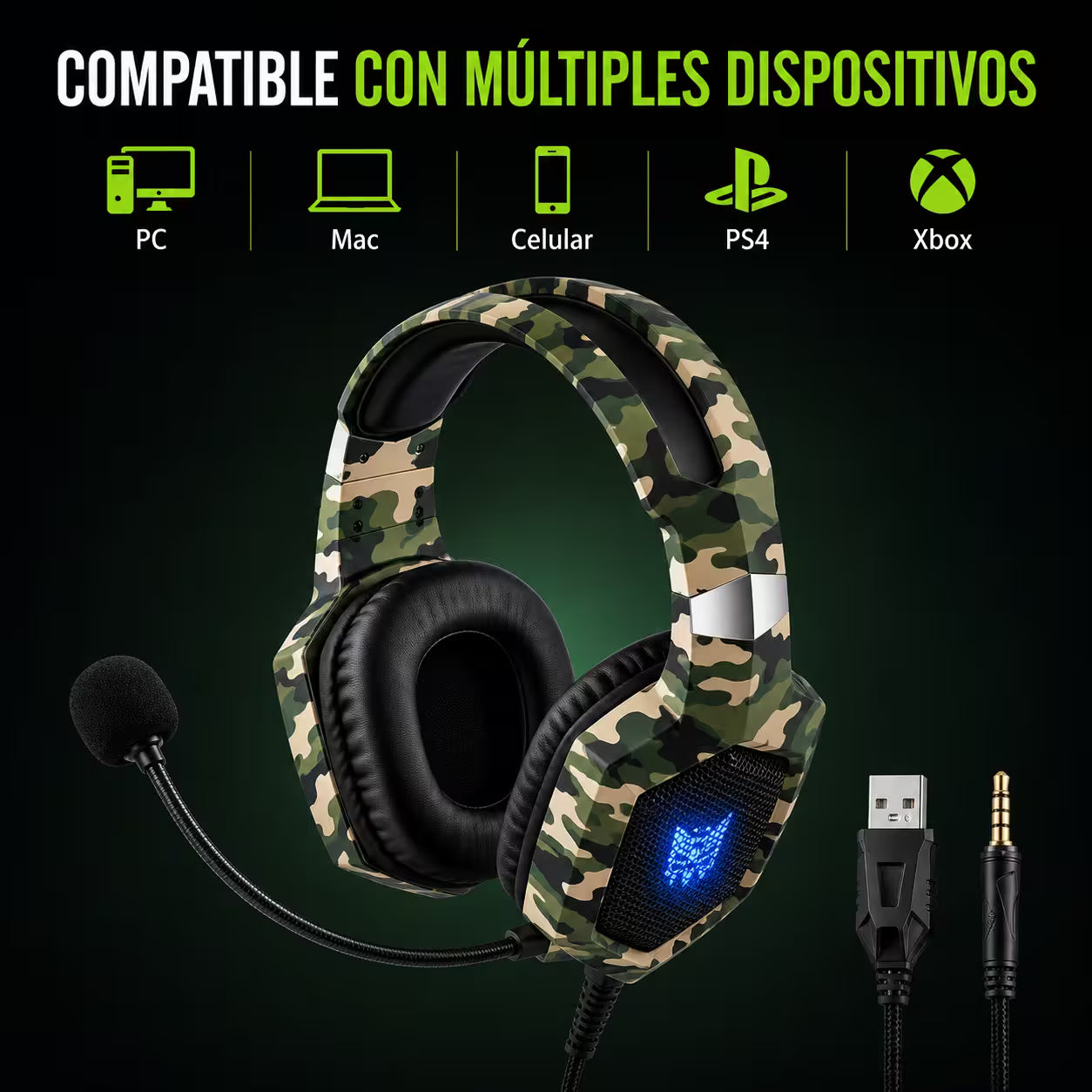 Diadema Gamer ONIKUMA K8 LED RGB Verde Camuflado - Micróf... - vista 10 diadema gamer audífonos