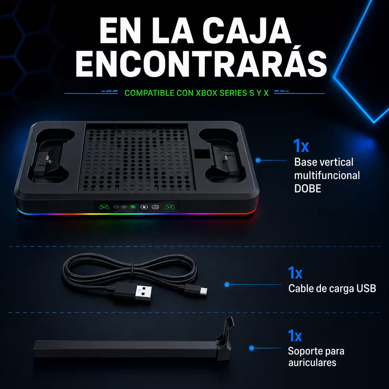 Base Refrigerante Multifuncional DOBE Xbox Series X/S | RGB Carga Dual Organización