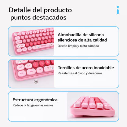 Combo Teclado y Mouse Inalámbrico Baby Bear - Rosado | 100 Teclas Redondas Retro Multicolor | 10m | 2.4G