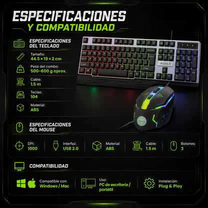 Combo Teclado y Mouse Gamer WB-550 RGB - Membrana 104 Teclas Anti-Ghost USB