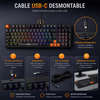Teclado Mecánico Weibo WB-666 Gris - vista 3 teclado gamer