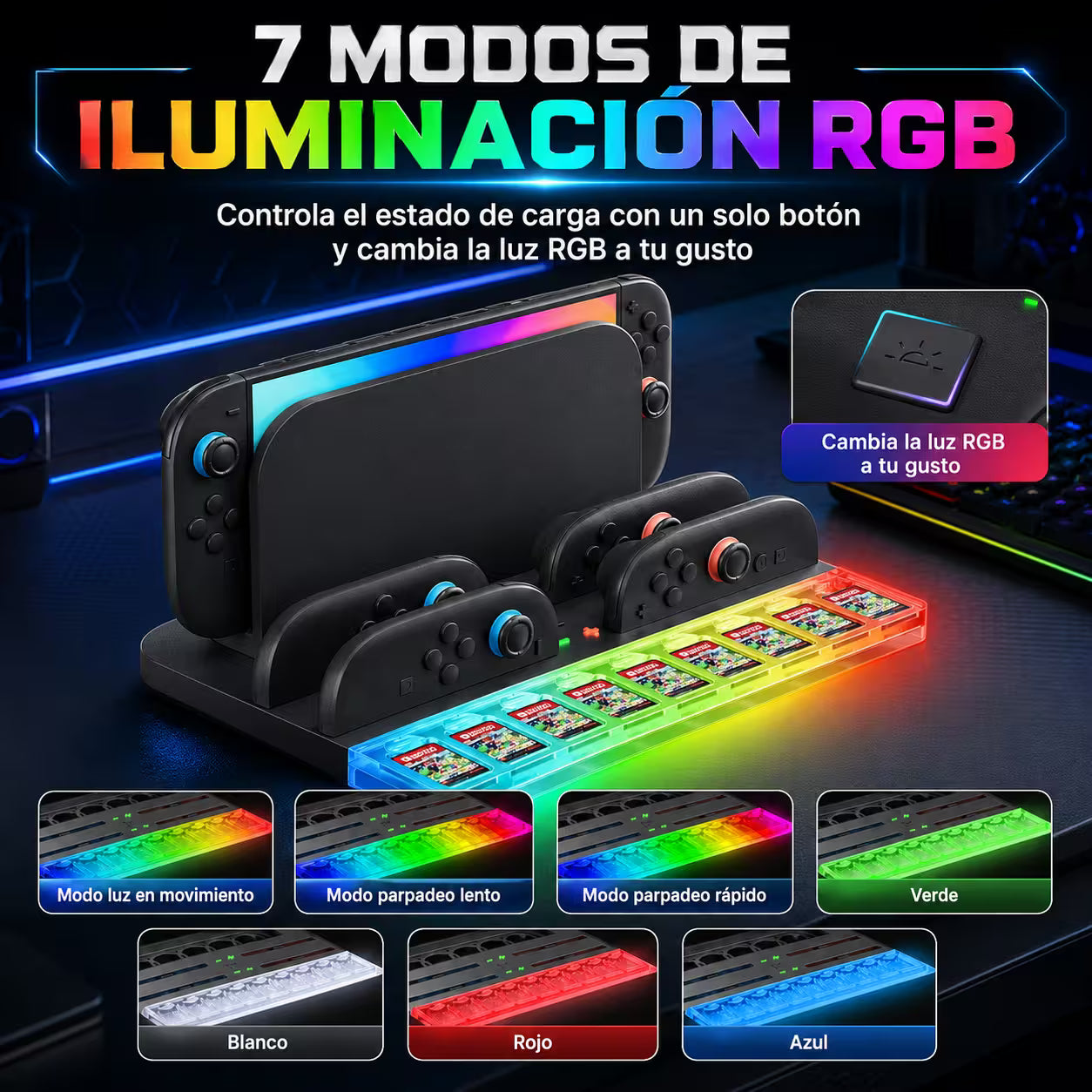Base de Carga y Almacenamiento Nintendo Switch 2 - 4 Joy-Con RGB 9 Tarjetas USB-C All-in-One