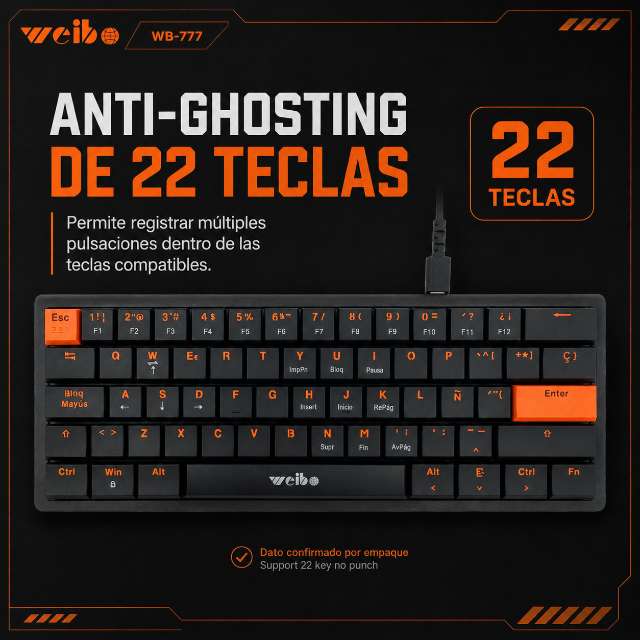 Teclado Mecánico Mini Weibo WB-777 – Switch Rojo | 61 Teclas | Anti-Ghosting | USB-C Desmontable | Sin LED