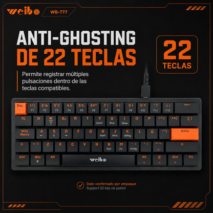 Teclado Mecánico Mini Weibo WB-777 – Switch Rojo | 61 Teclas | Anti-Ghosting | USB-C Desmontable | Sin LED