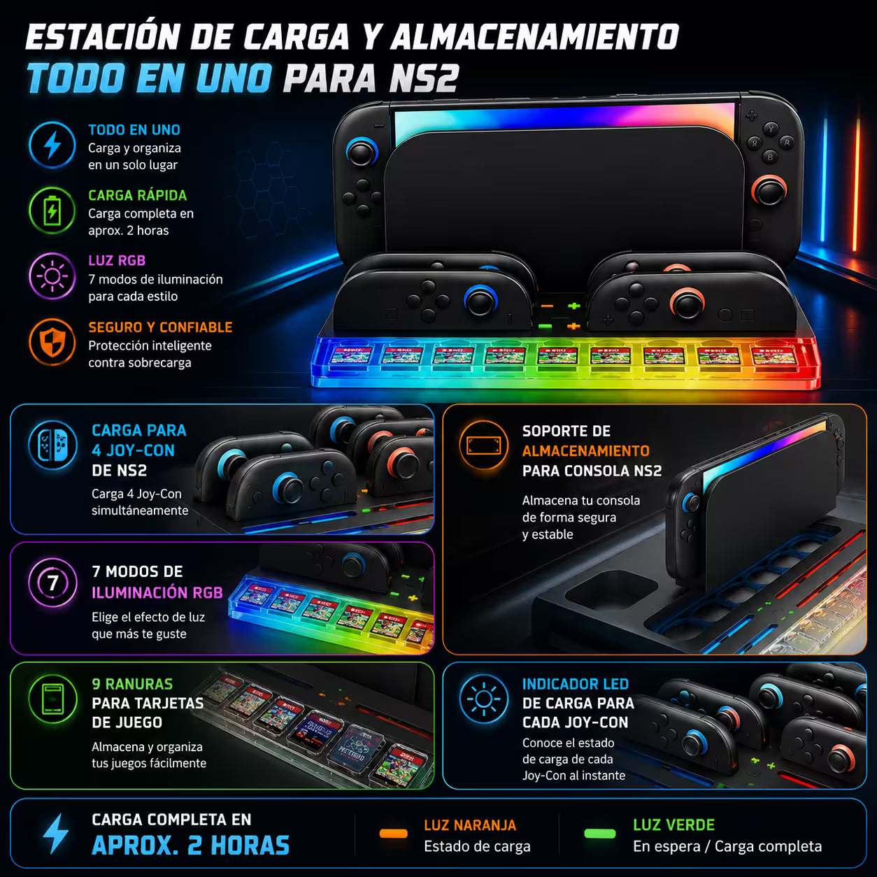 Base de Carga y Almacenamiento Nintendo Switch 2 - 4 Joy-Con RGB 9 Tarjetas USB-C All-in-One