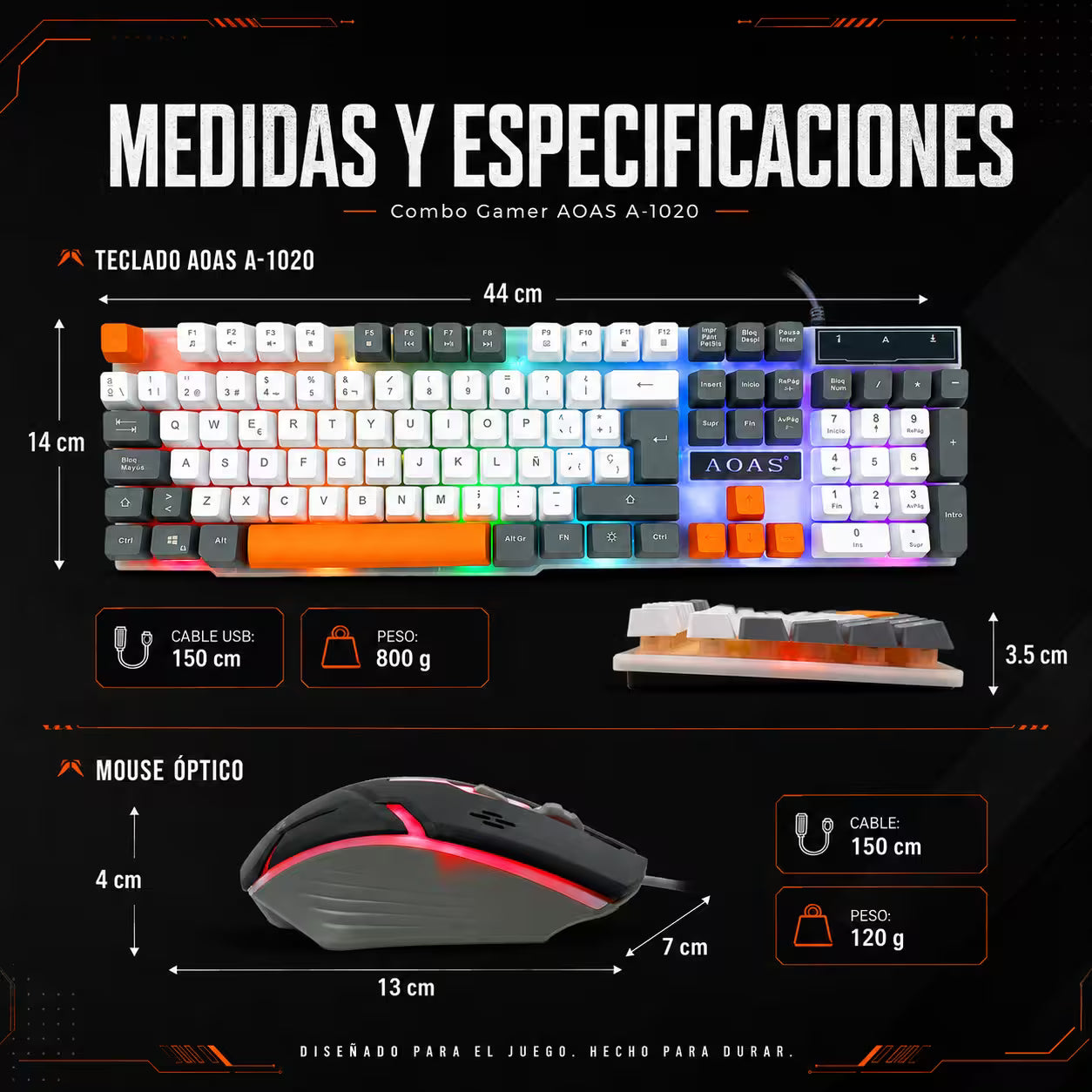 Combo Teclado y Mouse Gamer RGB AOAS A-1020 Blanco USB – 104 Teclas con Ñ | DPI 800/1200/1600