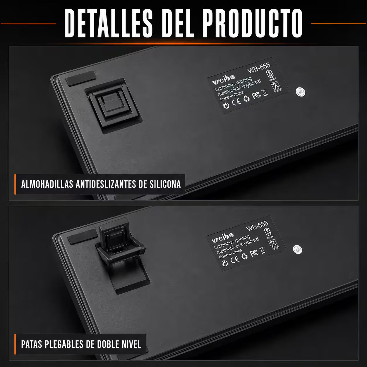 Teclado Mecánico con Cable WB-555 Gris – Switch Rojo | RGB 9 Efectos | 106 Teclas con Ñ | Anti-Ghosting | Perilla Volumen