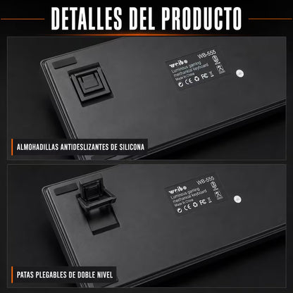 Teclado Mecánico con Cable WB-555 Gris – Switch Rojo | RGB 9 Efectos | 106 Teclas con Ñ | Anti-Ghosting | Perilla Volumen