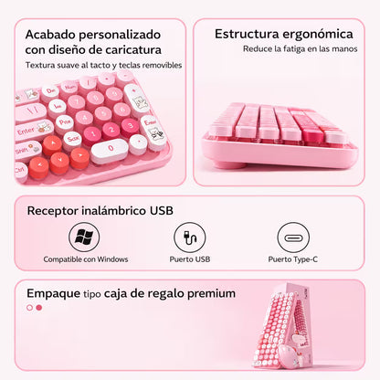 Combo Teclado y Mouse Inalámbrico Baby Bear - Rosado | 100 Teclas Redondas Retro Multicolor | 10m | 2.4G