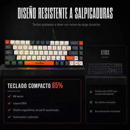 Teclado Membrana Compacto Weibo WB-333 – 68 Teclas | 18 Modos Luz Multicolor | USB-C Desmontable | Español con Ñ
