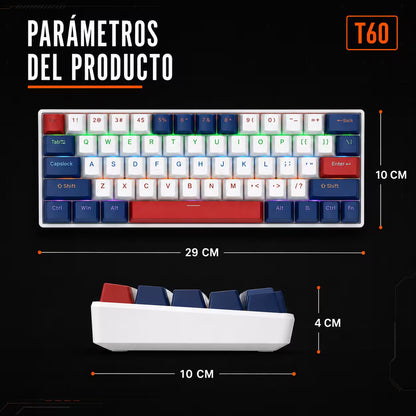Teclado Mecánico T-Wolf T60 60% – Switch Azul | Keycaps Double-Shot | RGB 18 Efectos | Anti-Ghosting | USB-C Desmontable