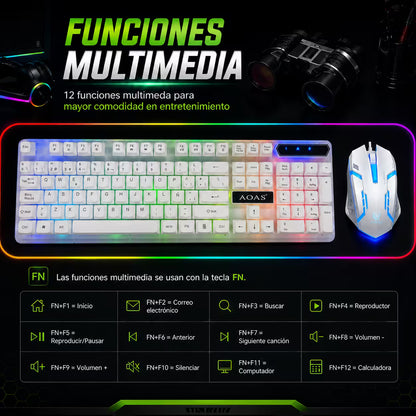 Combo Teclado y Mouse Gamer AOAS M-400 - Blanco | 104 Teclas RGB 1600 DPI USB