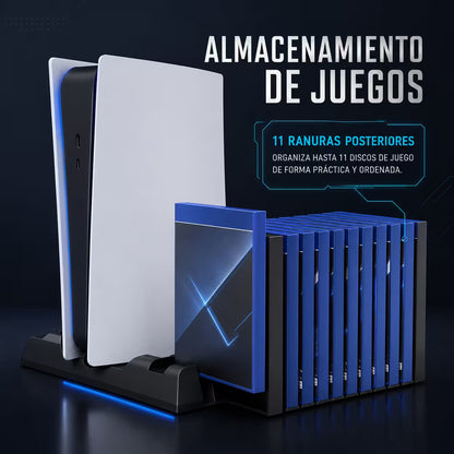 Base de Carga Dual y Ventilación Multifuncional PS5 DOBE - 11 Discos + Ganchos Auriculares | PS5 Slim Pro