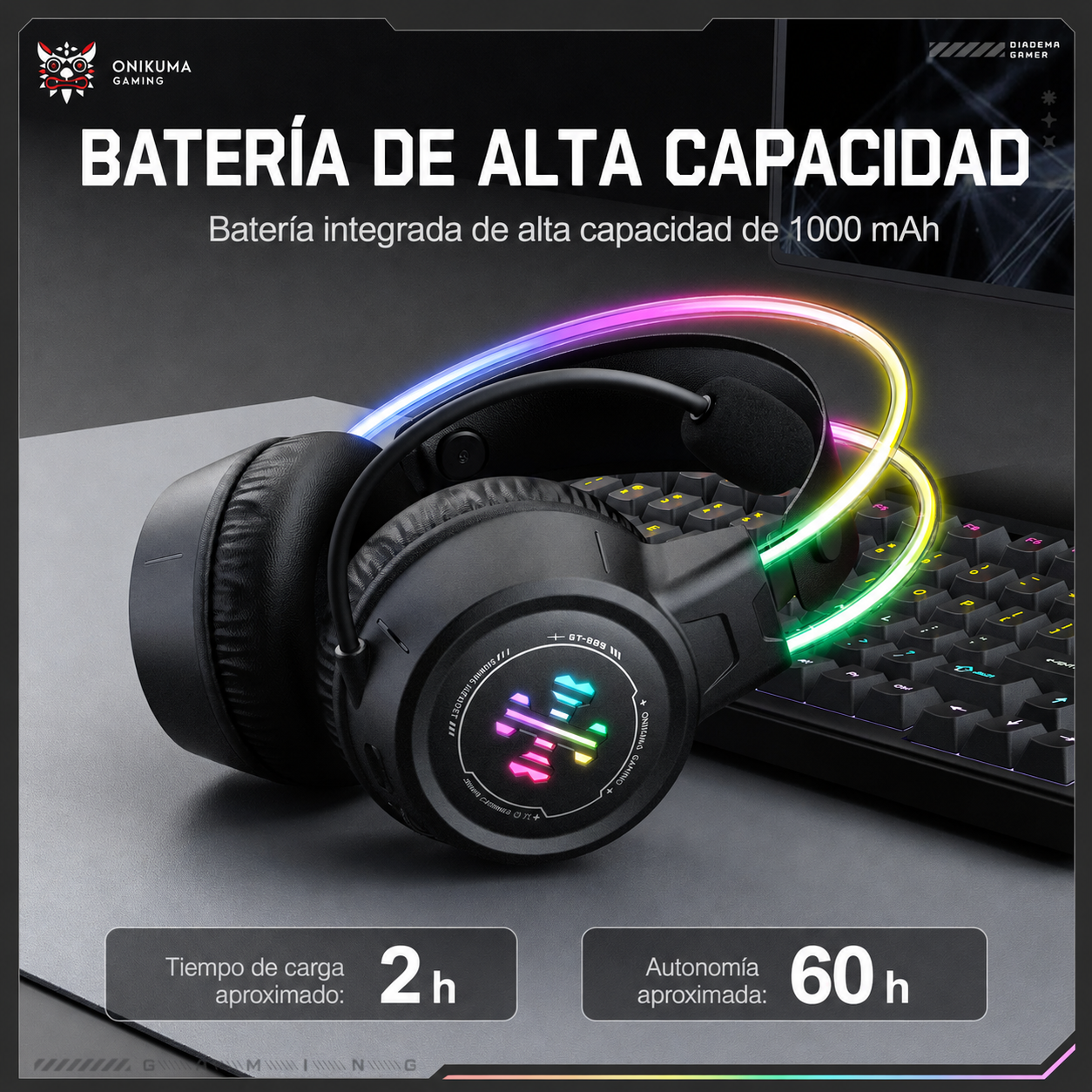 Diadema Gamer Inalámbrica Onikuma GT889 – Bluetooth 5.4 | 60H Batería | Tri-Modo 2.4G + BT + Cable | RGB | Mic Expuesto