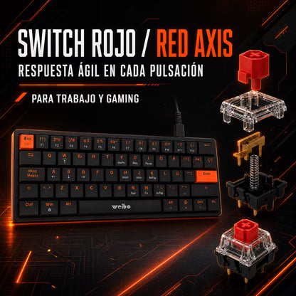 Teclado Mecánico Mini Weibo WB-777 – Switch Rojo | 61 Teclas | Anti-Ghosting | USB-C Desmontable | Sin LED