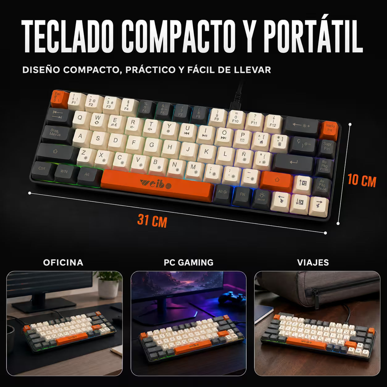 Teclado Membrana Compacto Weibo WB-333 – 68 Teclas | 18 Modos Luz Multicolor | USB-C Desmontable | Español con Ñ