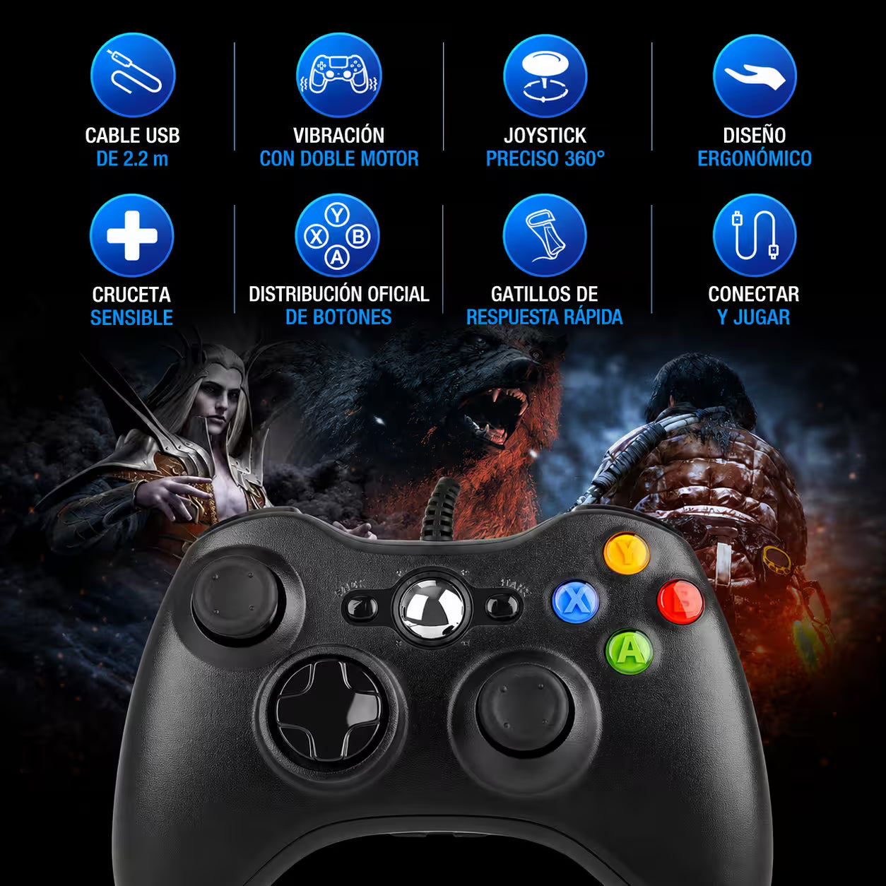 Control Genérico con Cable para Xbox 360 y PC - Vibración Dual USB 1.5m | Ergonómico Windows