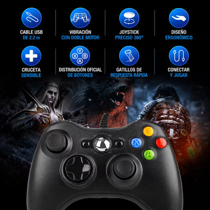 Control Genérico con Cable para Xbox 360 y PC - Vibración Dual USB 1.5m | Ergonómico Windows