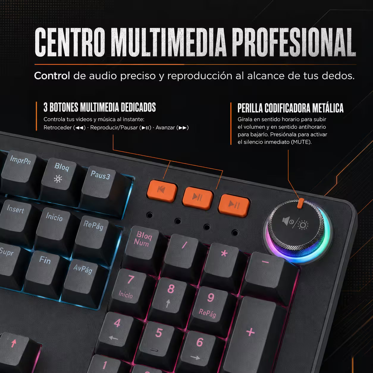 Teclado Mecánico con Cable WB-555 Gris – Switch Rojo | RGB 9 Efectos | 106 Teclas con Ñ | Anti-Ghosting | Perilla Volumen