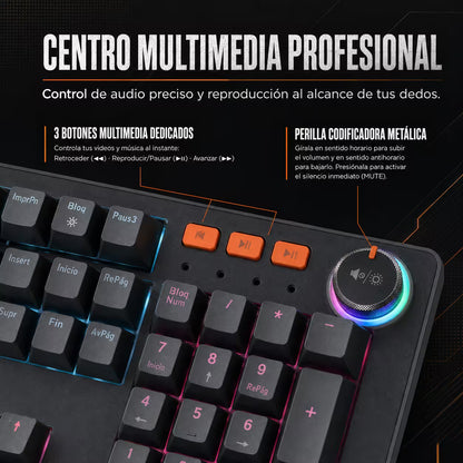 Teclado Mecánico con Cable WB-555 Gris – Switch Rojo | RGB 9 Efectos | 106 Teclas con Ñ | Anti-Ghosting | Perilla Volumen