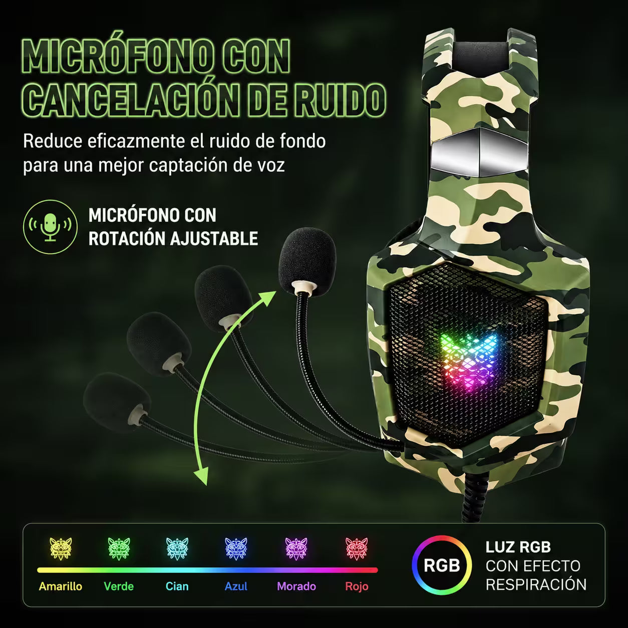 Diadema Gamer ONIKUMA K8 LED RGB Verde Camuflado - Micróf... - vista 8 diadema gamer audífonos