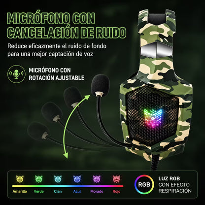 Diadema Gamer ONIKUMA K8 LED RGB Verde Camuflado - Micróf... - vista 8 diadema gamer audífonos