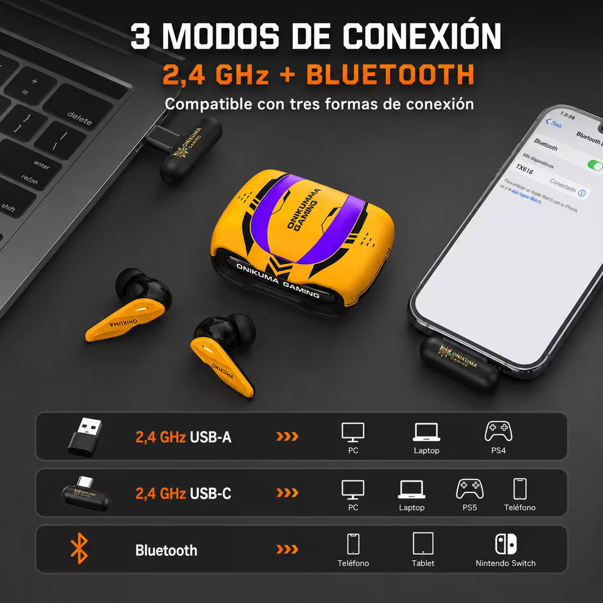 Audífonos Gamer ONIKUMA TX616 Bluetooth 5.4 + 2.4GHz con ENC y Estuche de Carga
