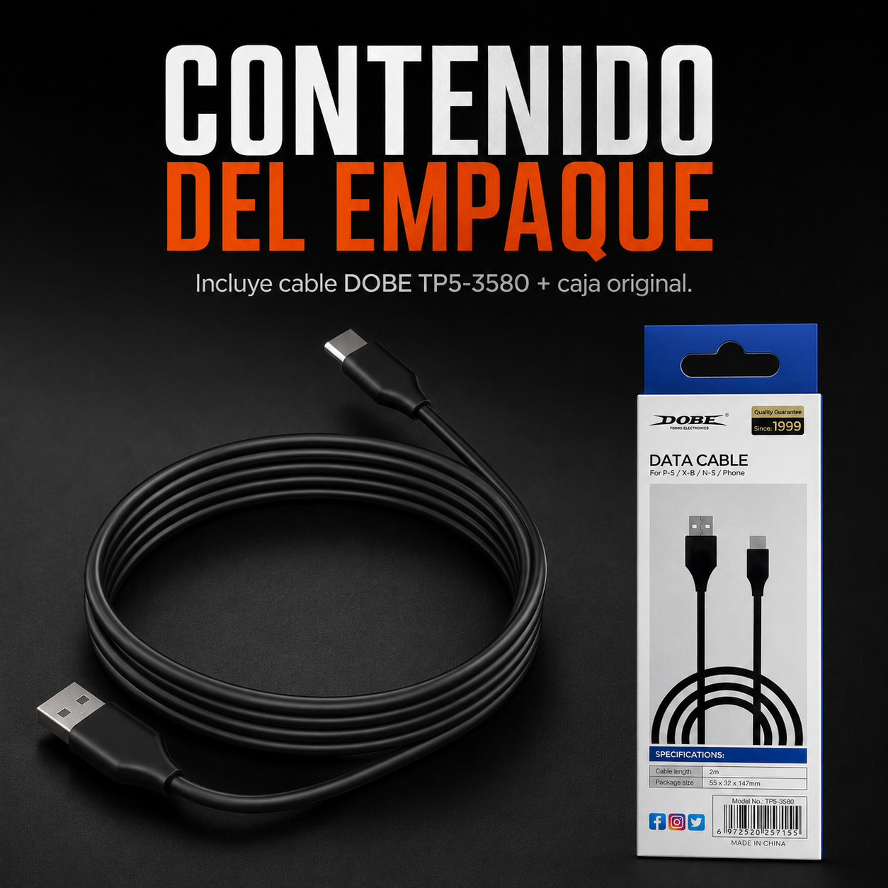 Cable USB-A a USB-C DOBE 2m – Carga + Datos | PS5 | Xbox Series X/S | Nintendo Switch | Móviles