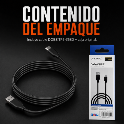 Cable USB-A a USB-C DOBE 2m – Carga + Datos | PS5 | Xbox Series X/S | Nintendo Switch | Móviles