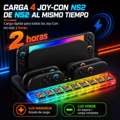 Base de Carga y Almacenamiento Nintendo Switch 2 - 4 Joy-Con RGB 9 Tarjetas USB-C All-in-One
