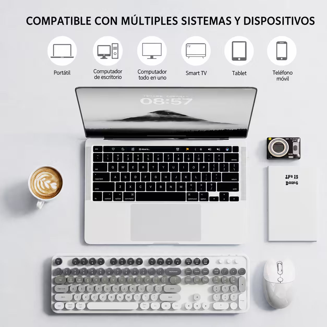 Combo Teclado y Mouse Recargable MOFii Sweet Pro – Dual Bluetooth + 2.4G | Retro Vintage Blanco-Gris | Para Ellas