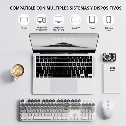 Combo Teclado y Mouse Recargable MOFii Sweet Pro – Dual Bluetooth + 2.4G | Retro Vintage Blanco-Gris | Para Ellas