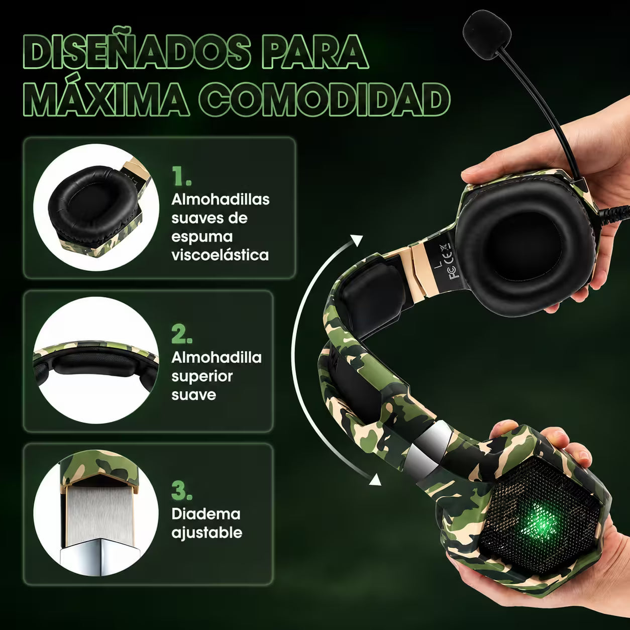 Diadema Gamer ONIKUMA K8 LED RGB Verde Camuflado - Micróf... - vista 6 diadema gamer audífonos